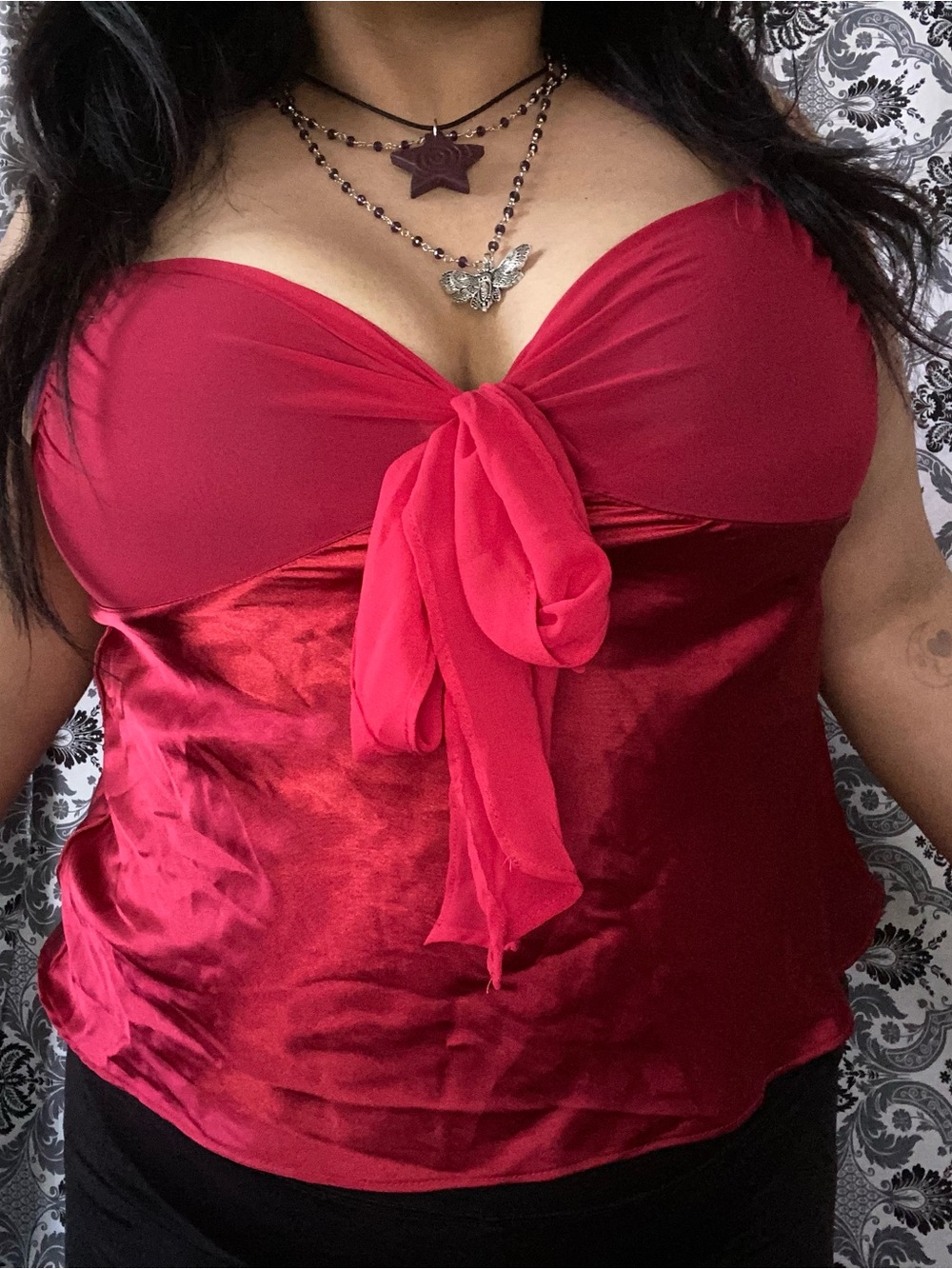 Red Satin Tie-Front Bustier Top
